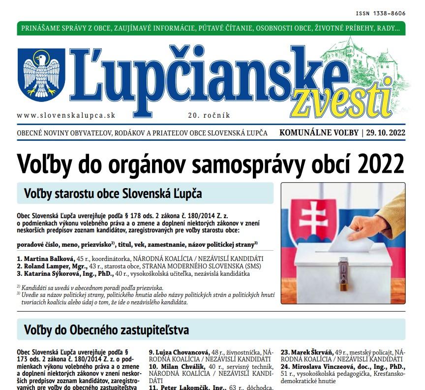 Ľupčianske zvesti 1/2022 za mesiac 10. tlačené 11.10.2022